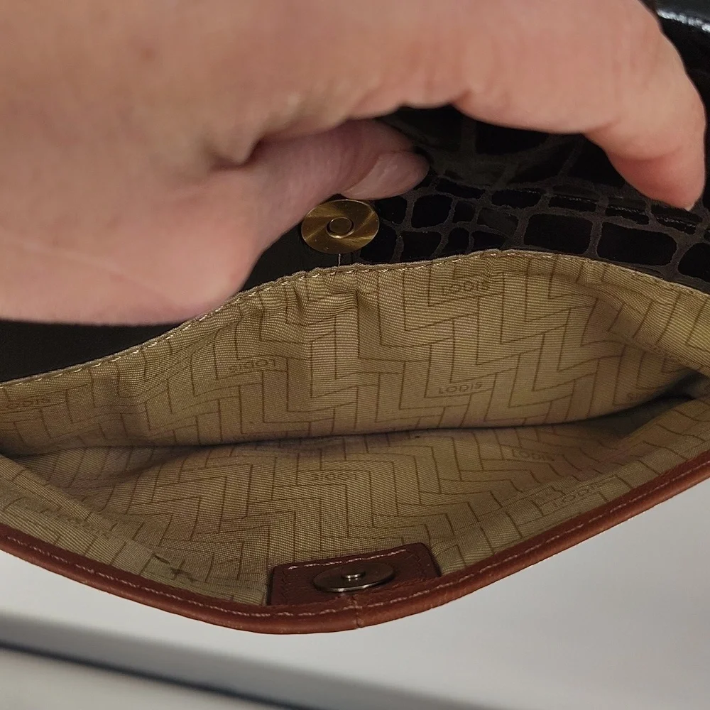 Lodis Saratoga Crossbody Bag mixed media Brown and Gold Design